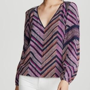 Ramy Brook Women Cal Geo Silk Blend Multi Sheer Casual Long Sleeve Blouse Sz-XS